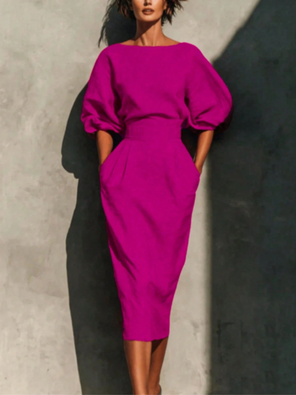 Robe Midi pour Femme à Manches Chauve-Souris et Col Dégagé