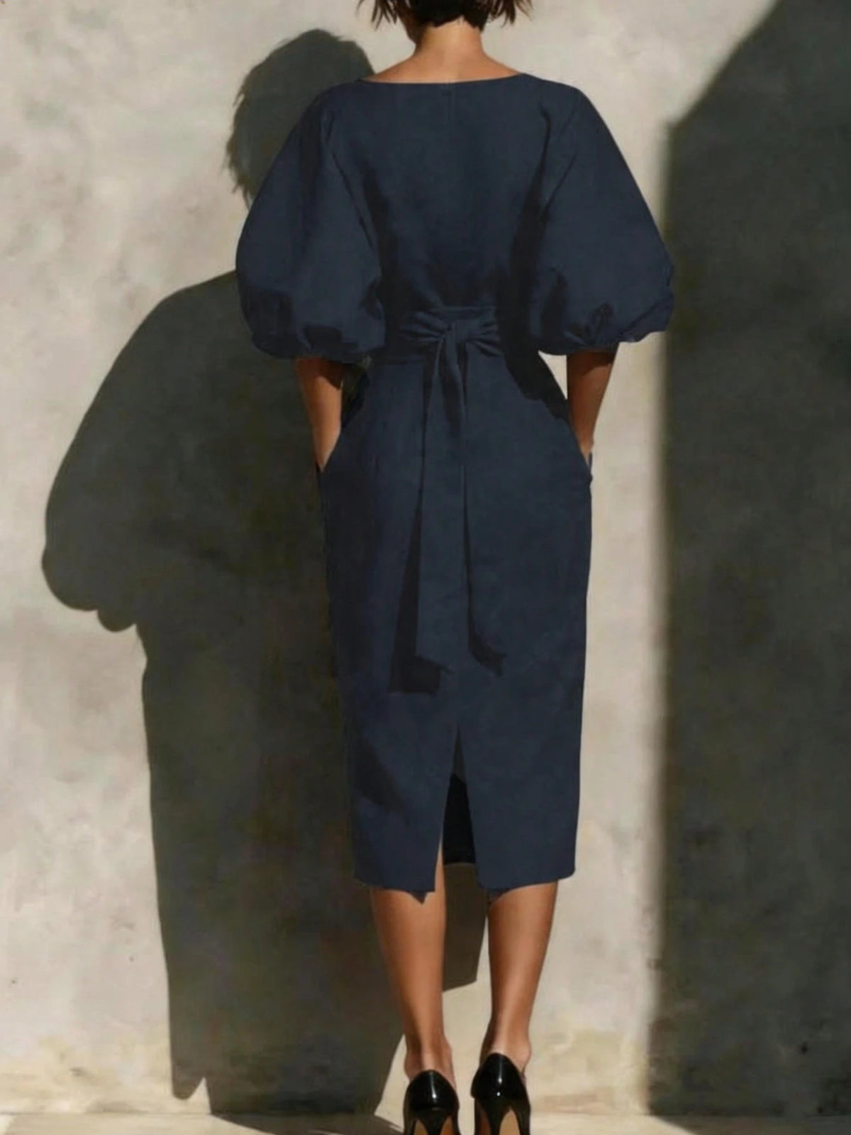 Robe Midi pour Femme à Manches Chauve-Souris et Col Bateau
