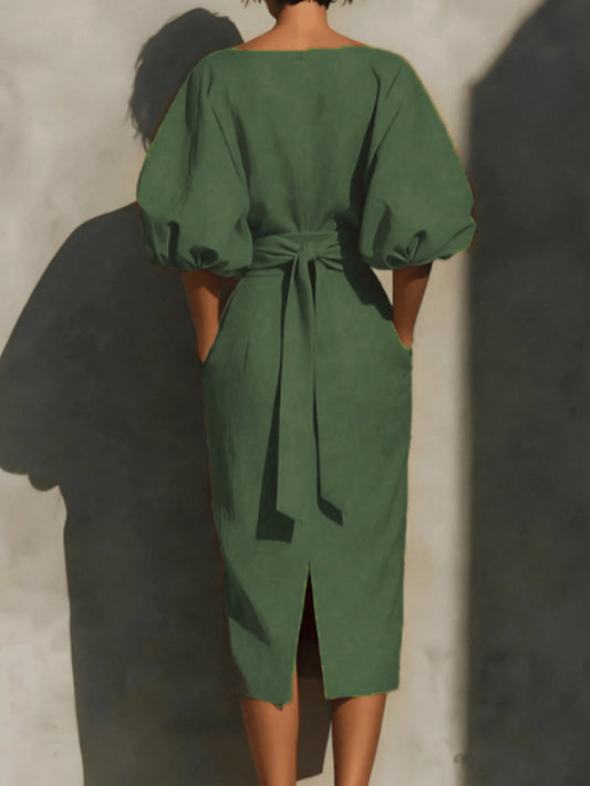 Robe Midi pour Femme à Manches Chauve-Souris et Col Dégagé