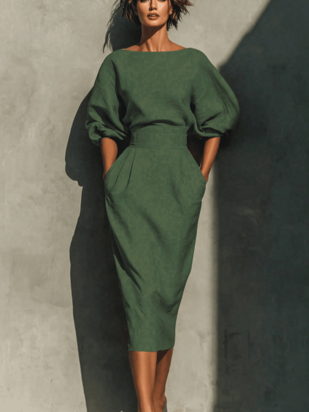 Robe Midi pour Femme à Manches Chauve-Souris et Col Dégagé