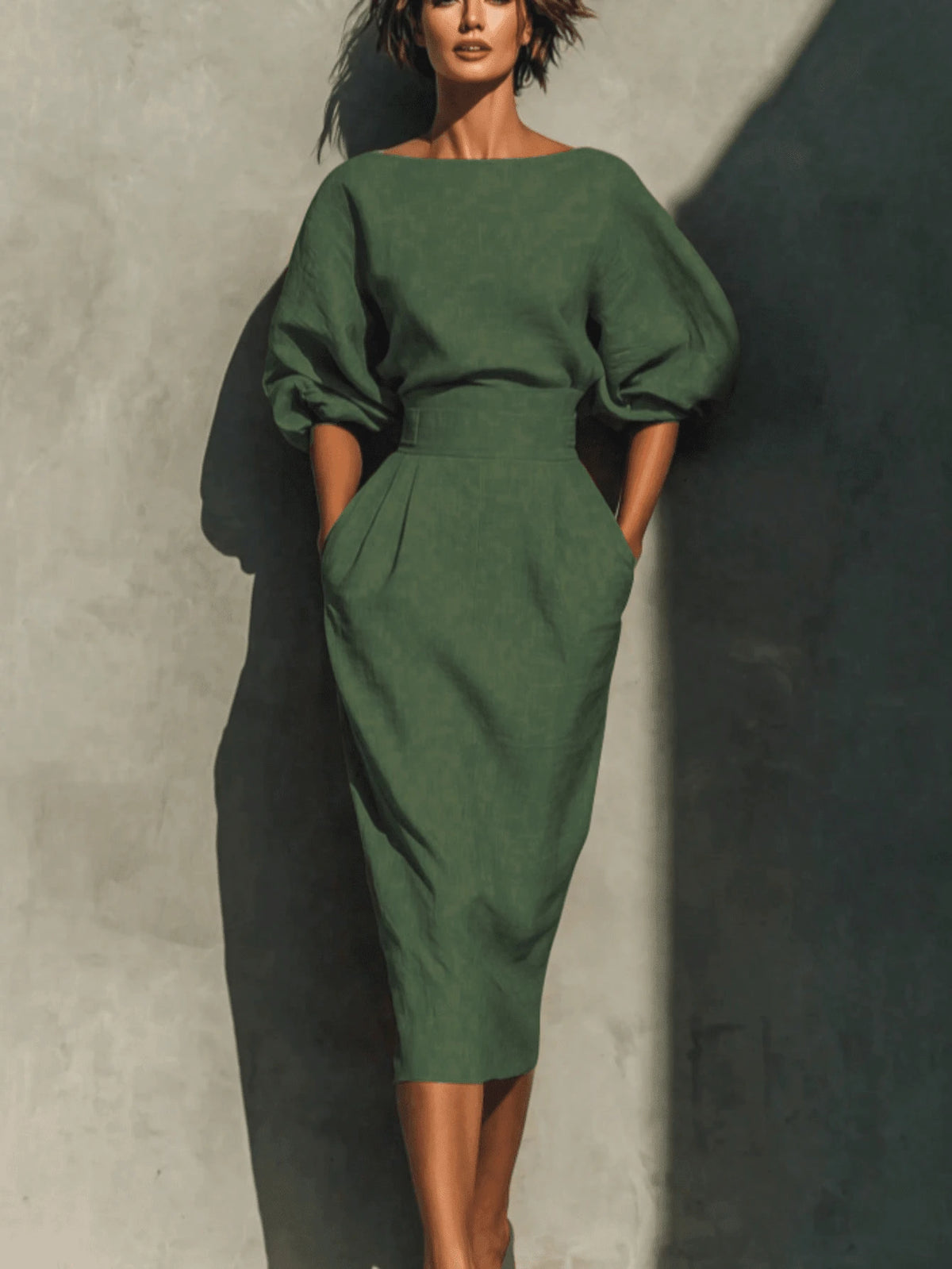 Robe Midi pour Femme à Manches Chauve-Souris et Col Dégagé