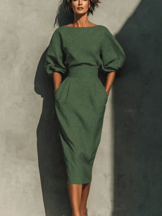 Robe Midi pour Femme à Manches Chauve-Souris et Col Dégagé