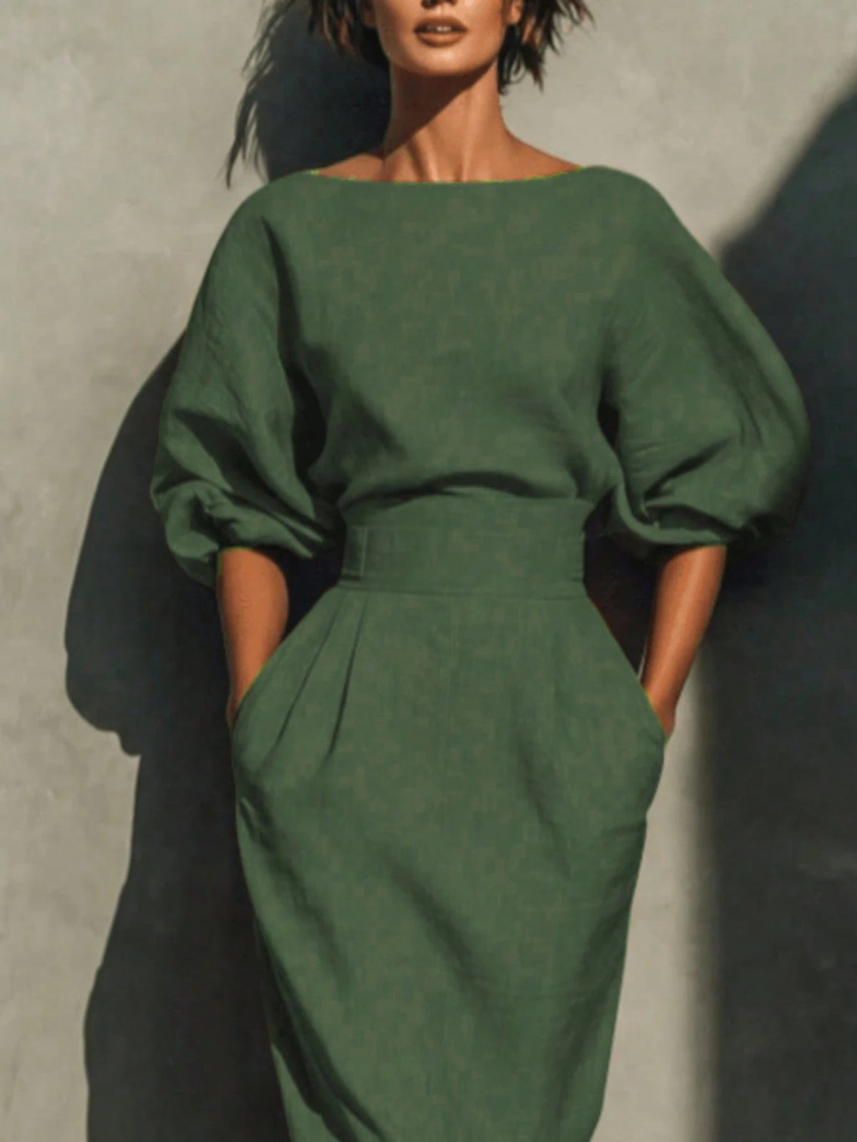 Robe Midi pour Femme à Manches Chauve-Souris et Col Dégagé
