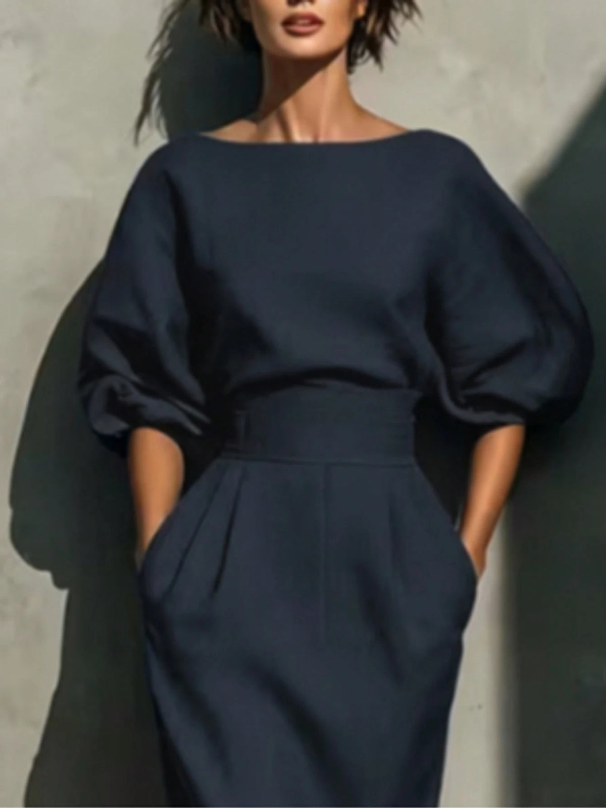 Robe Midi pour Femme à Manches Chauve-Souris et Col Bateau