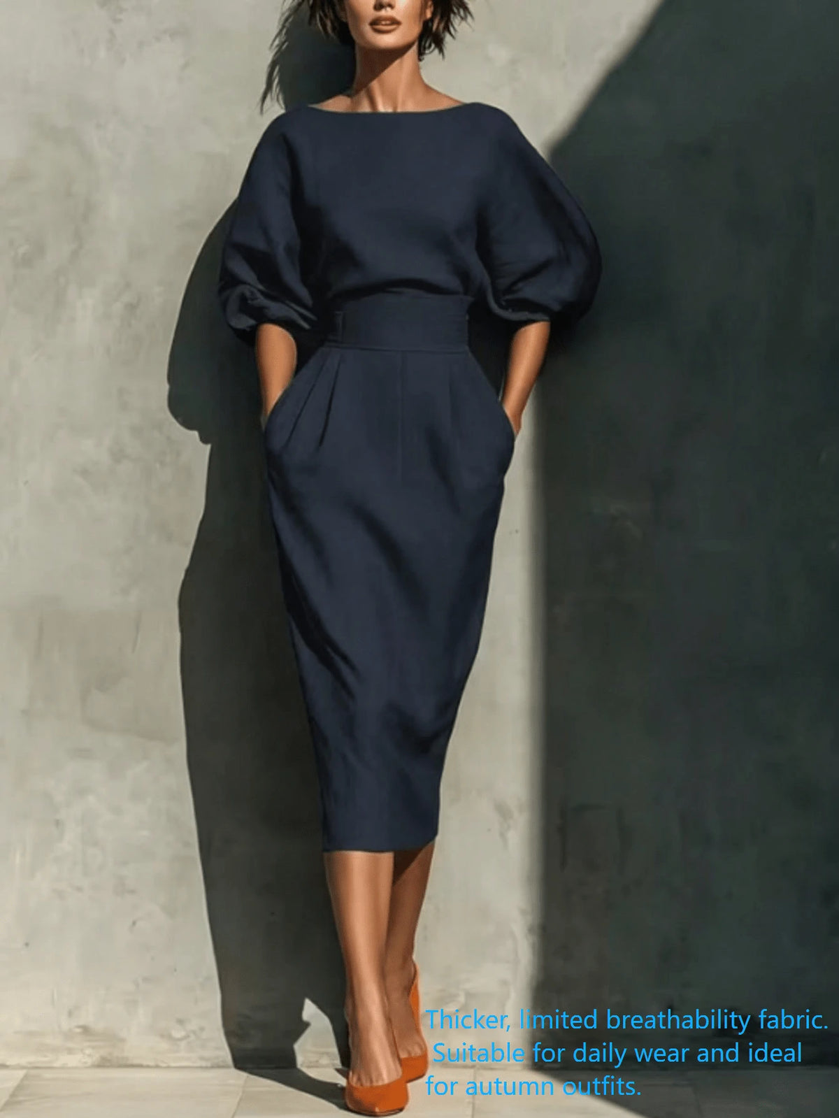 Robe Midi pour Femme à Manches Chauve-Souris et Col Bateau